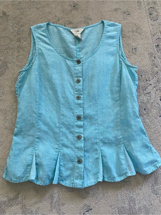 J. Jill Tops - J. Jill Linen Cropped Button Down Tank Top Aqua Blue XS Floral Detail Buttons
